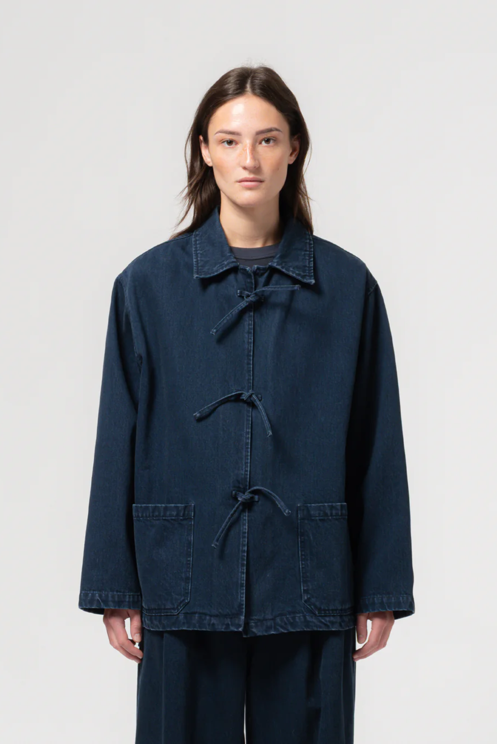 LONG WORKER JACKET WITH TIES BLUE by EAT DUST