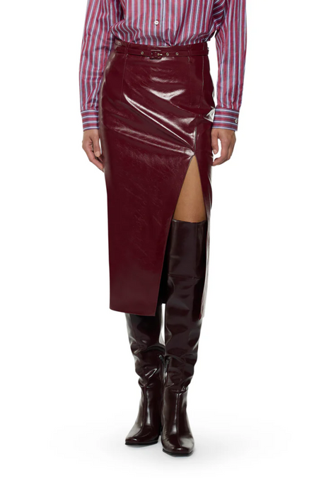 PENCIL BELTED VEGAN DARK CHERRY Skirt by Simona Corsellini