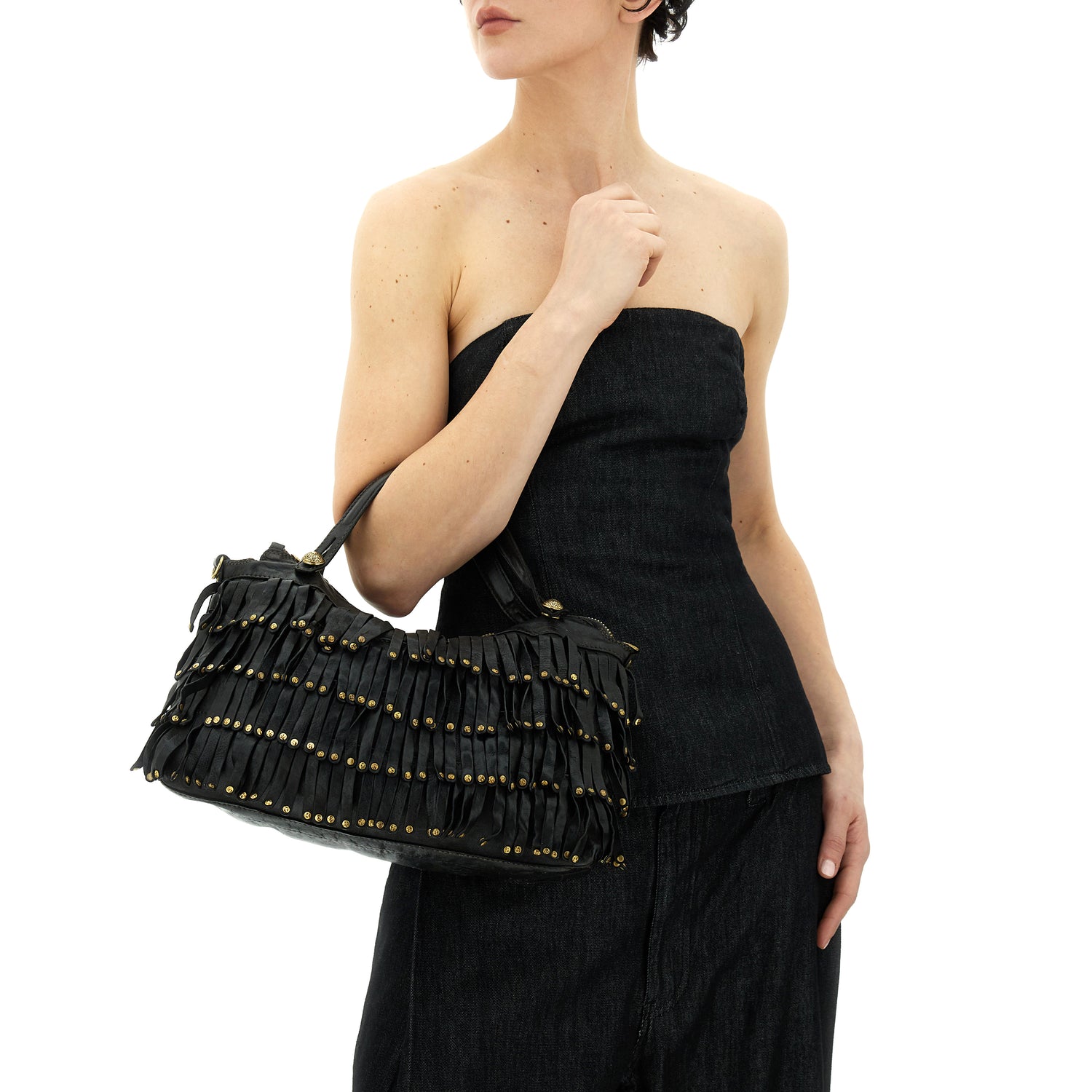 MELISSA BLACK FRINGED STUDDED handbag by Campomaggi